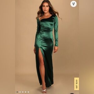 Lulu’s Full Length Evergreen satin dress with slit